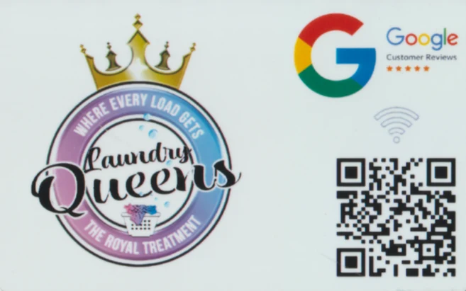 A Google review card: a business card printed for reviews, with the Laundry Queens logo, the Google logo, an NFC symbol and a QR code