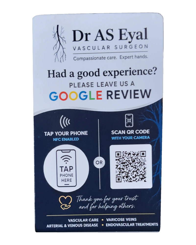 Custom-branded Google review stand for Dr AS Eyal, carrying their logo and colours with both a tap area and a QR code