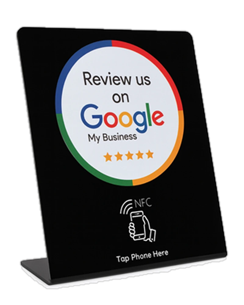 Standard black Google review stand showing the Google review design and an NFC tap area