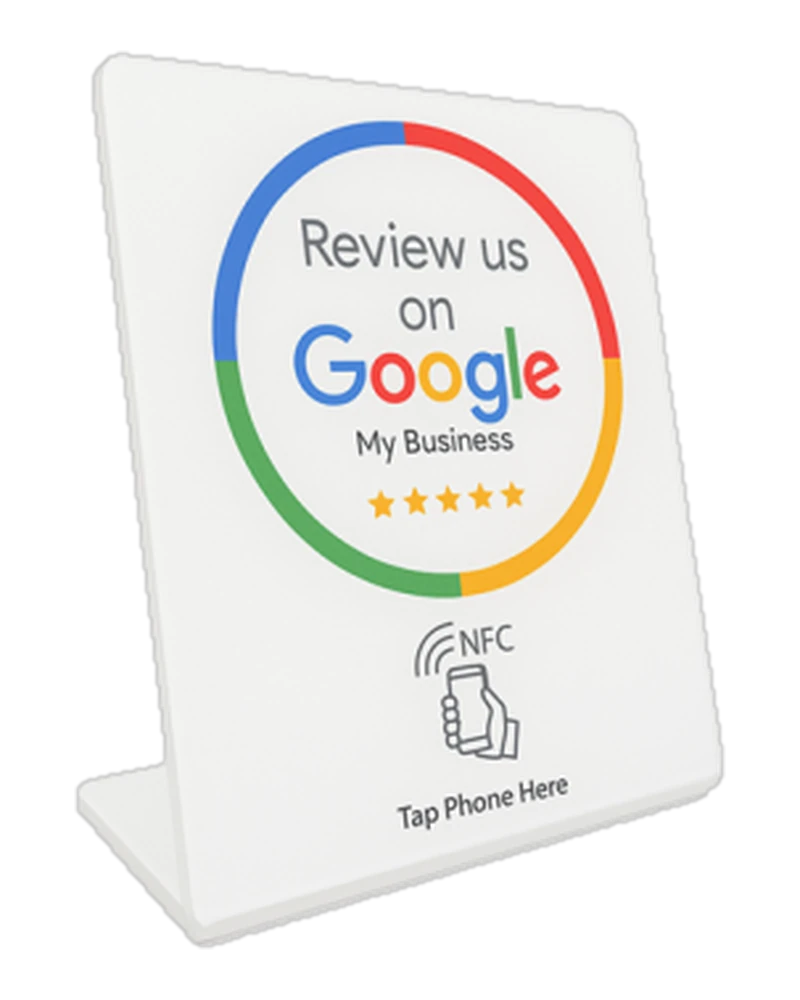 Standard white Google review stand showing the Google review design and an NFC tap area
