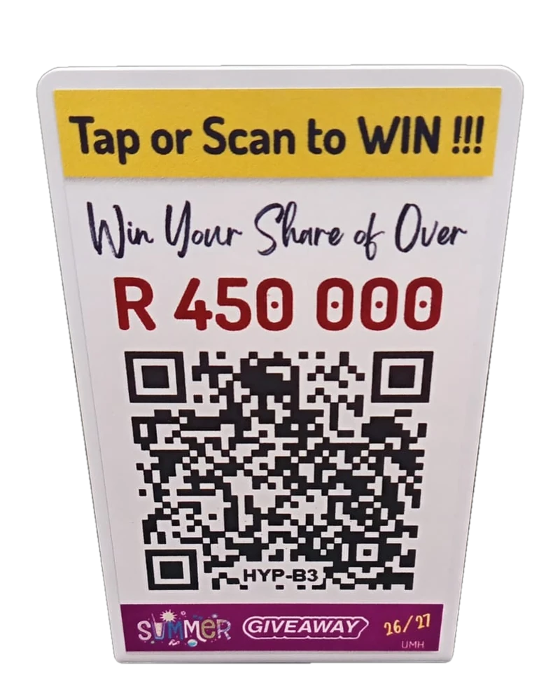 In-store competition entry stand reading Tap or Scan to WIN, showing the prize value and a QR code